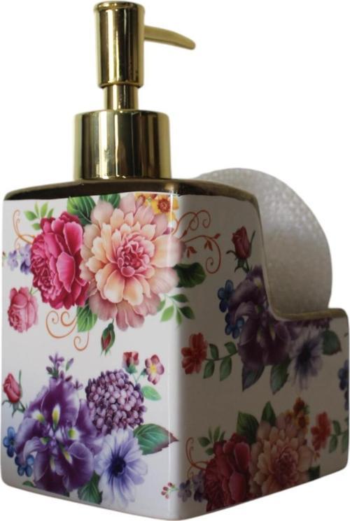 Porselen 500ml Sıvı Sabunluk Süngerlik Bölmeli Çiçekli