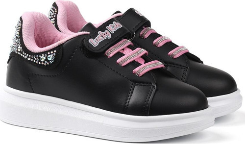 Kız Çocuk Siyah Pembe Taşlı Cırtlı Bağcıklı Sneaker Günlük Rahat Spor Ayakkabı