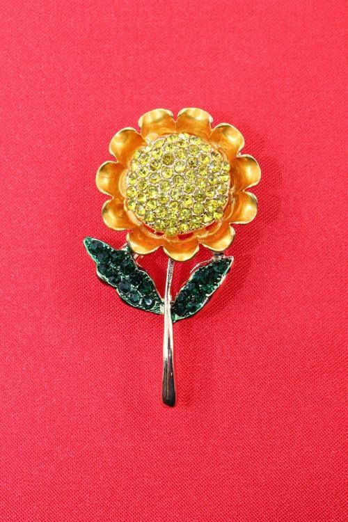 Ayçiçeği broş. Kristal taşlı tasarım ay çiçeği broş. Yaka iğnesi ay çiçekli broş. Kadın broş. Broş.