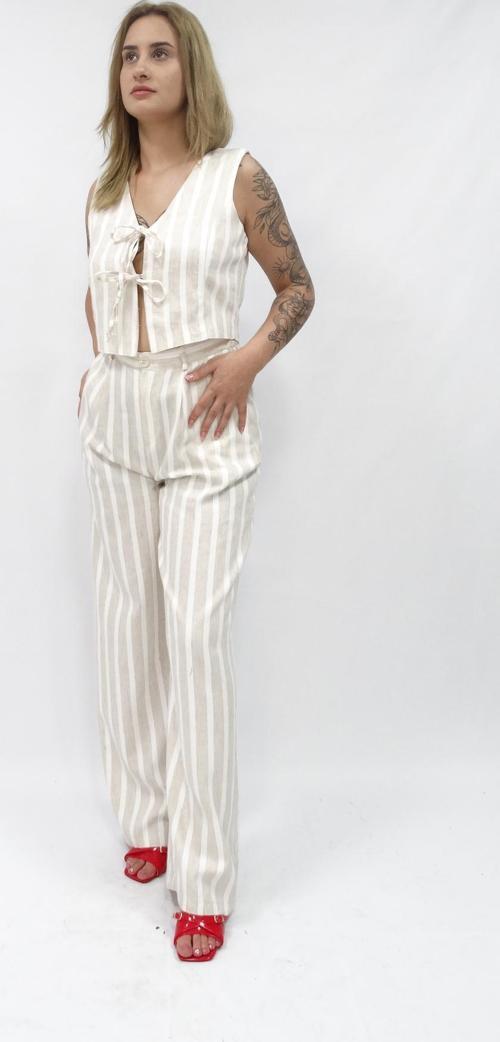 Kadın Reyon Çizgili Keten Pantolon Yelek Takım
