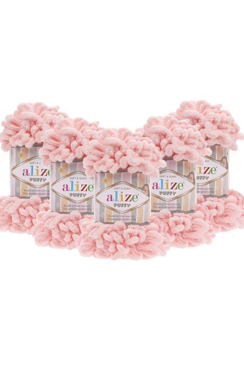 (5 Adet ) El Örgü Ipliği Puffy 5'Li Paket - 340 Pudra Pembe - 100 Gr. 9 Mt. Parmak Örgü Ipi
