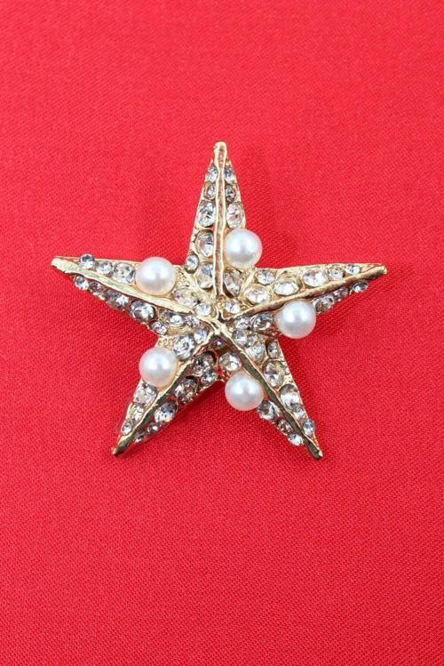 Deniz yıldızı broş. Taşlı tasarım incili deniz yıldızı broş. Yaka iğnesi broş. Kadın broş. Broş.