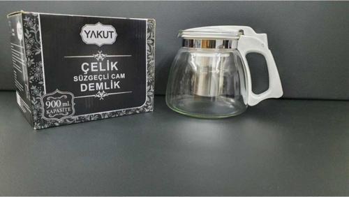 900 Ml Çelik Süzgeçli Cam Demlik,Bitki Demliği Beyaz