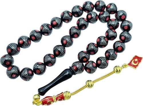 Gümüş - Mercan İşlemeli Ayyıldız Gümüş Püsküllü Oltu Taşı Tesbih Lt996