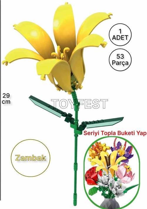 Çiçek Buketleri Lego Yapı Oyuncağı - Sarı Çiçek Zambak Çiçeği ( 1 ADET ÇİÇEK ) - 53 Parça