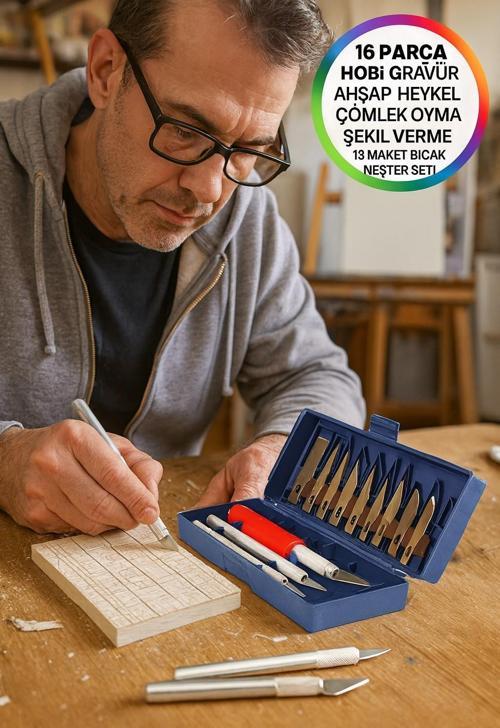 Zanaat 16 Parça Hobi Gravür Ahşap Heykel Çömlek Oyma Şekil Verme 13 Maket Bıçak Neşter Seti