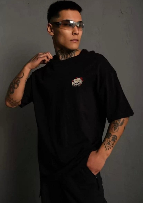 Unisex Bisiklet Yaka Baskılı Oversize T-Shirt - Siyah
