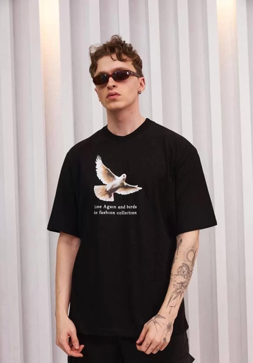 Unisex Bisiklet Yaka Baskılı Oversize T-Shirt - Siyah