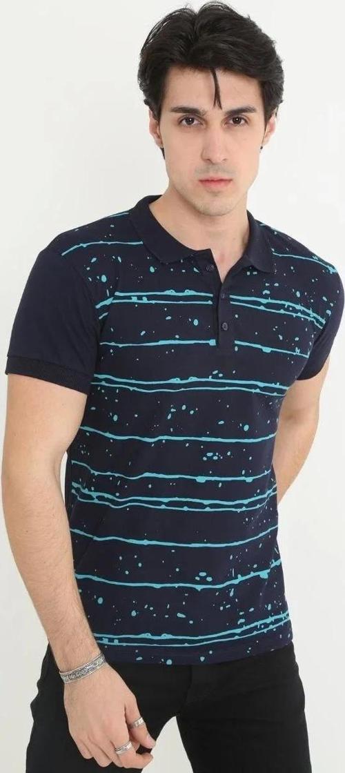 Erkek Yakalı Slim Fit Pike Çizgili T-Shirt - Lacivert
