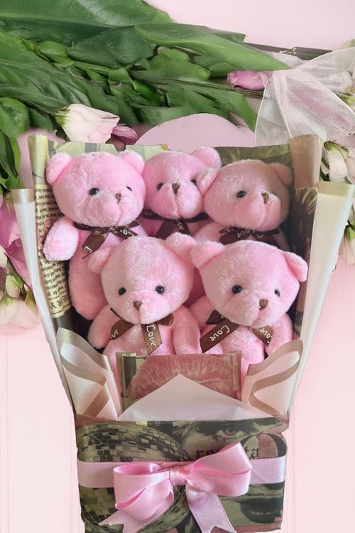 Premium Özel Konsept Romantik Retro Pembe Peluş Ayıcık Buketi-Sevdiklerinize, Doğumgünü, Yıldönümü..