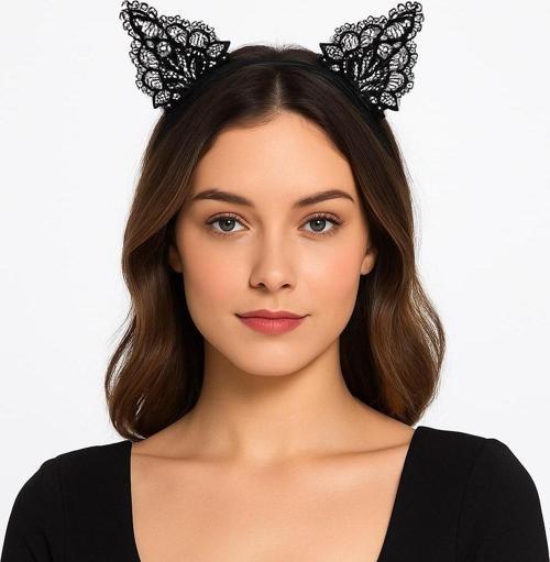 Büro Ev Ofis Gösteri Kostümü için Siyah Kedi Dantel Taç Eldiven Seti