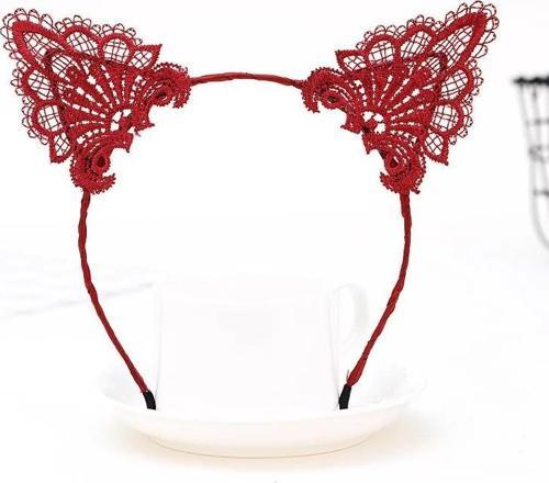 Büro Ev Ofis Gösteri Parti Kostümü için Dantelli Kırmızı Kedi Kulak Tacı
