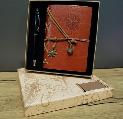 Büro Ev Ofis Hediyesi için Kahve Deri Pusula Motifli Defter Siyah Kalem Seti