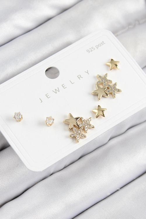 Zarif Kadın için Golden Pirinç Zirkonlu Yıldız 925 Gümüş Çivili Küpe Seti