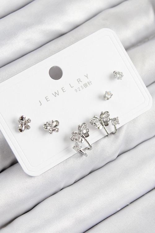 Zarif Kadın için Silver Pirinç Zirkonlu Kelebek 925 Gümüş Çivili Küpe Seti