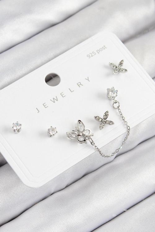 Zarif Kadın için Silver Pirinç Zirkonlu Kelebek Stil 925 Gümüş Çivili Küpe Seti