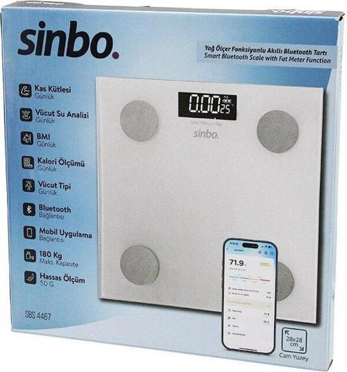 YAĞ ÖLÇERAKILLI BLUETOOTH CAM BASKÜL PİLLİ 180KG/50GR 28X28CM 8-KİŞİ HAFIZA LCD EKRAN GÖSTERGE SBS-4467 (2818)