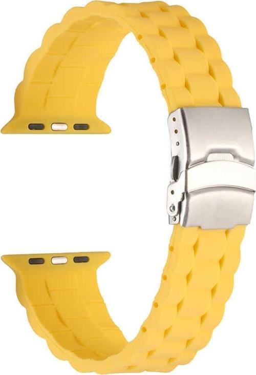 Apple Watch 7 Ile Uyumlu Kordon 45mm Metal Toka Delikli Ayarlanabilir Panoply Silikon Kayış Sarı
