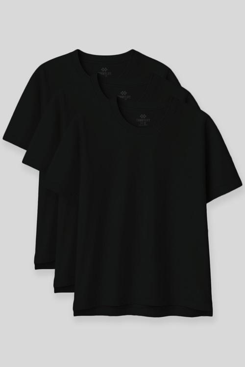 Oversize Fit Basic O Yaka 3lü Paket Siyah Kadın T-Shirt  97285