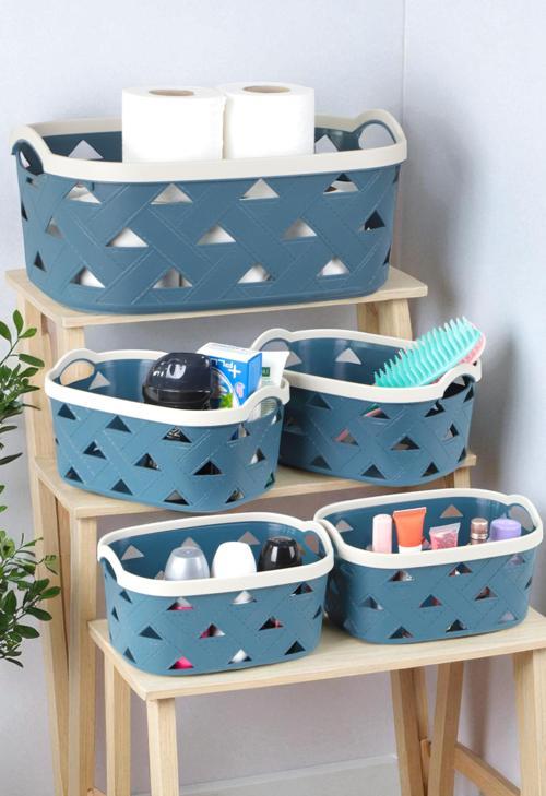 5li Dekoratif Deri Görünüm Dolap İçi Düzenleyici Saklama Kutusu Mutfak Banyo Organizer Sepet Mavi