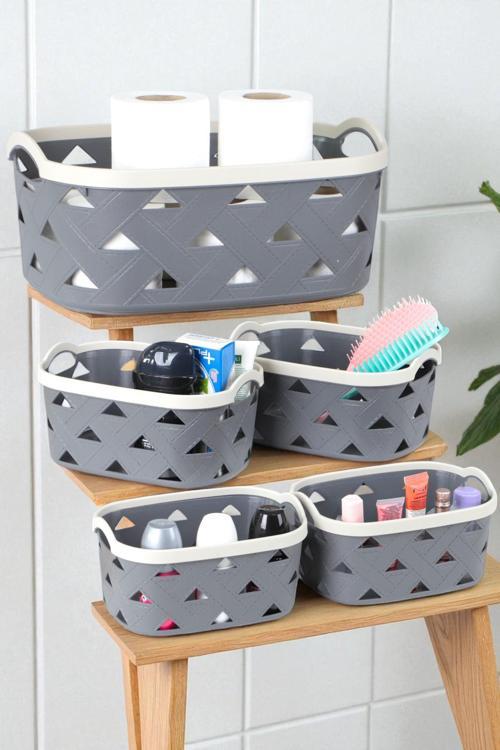 5li Dekoratif Deri Görünüm Dolap İçi Düzenleyici Saklama Kutusu Mutfak Banyo Organizer Sepet Antrasit