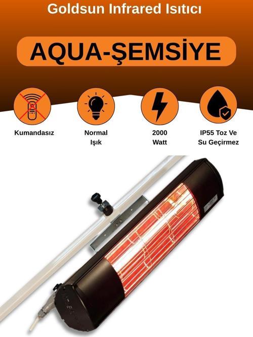 Aqua 2000 Watt GSU20 Şemsiye Tip Kumandasız Suya Dayanıklı Elektrikli İnfrared Isıtıcı-Siyah