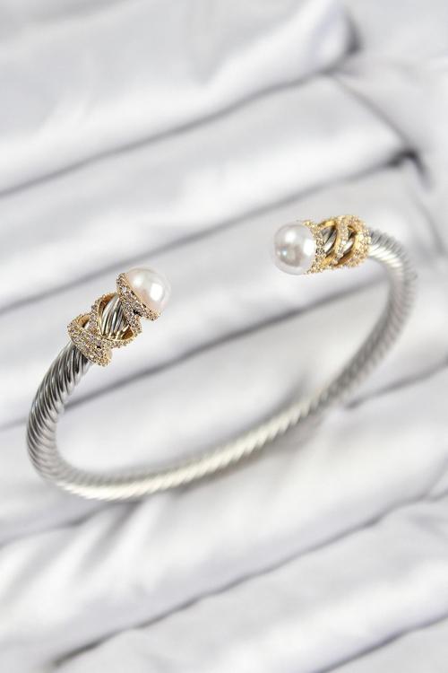 Zarif Kadın için Zirkonlu Çelik İnci Golden Silver Bileklik