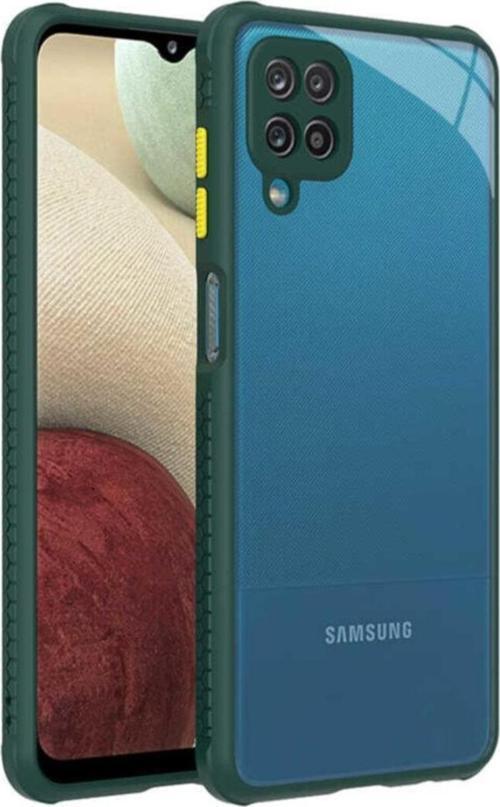 Galaxy A12 Uyumlu  Lastik Desen Kenar Kamera Korumalı Arkası Şeffaf Halx Kılıf Koyu Yeşil