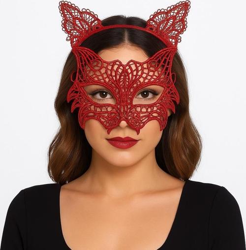 Büro Ev Ofis Gösteri Kostümü için Kırmızı Dantel  Taç Maske Kedi Kadın Seti