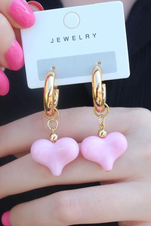 Gold Renk Halka Model Pembe Kalp Model Kadın Küpe 7417