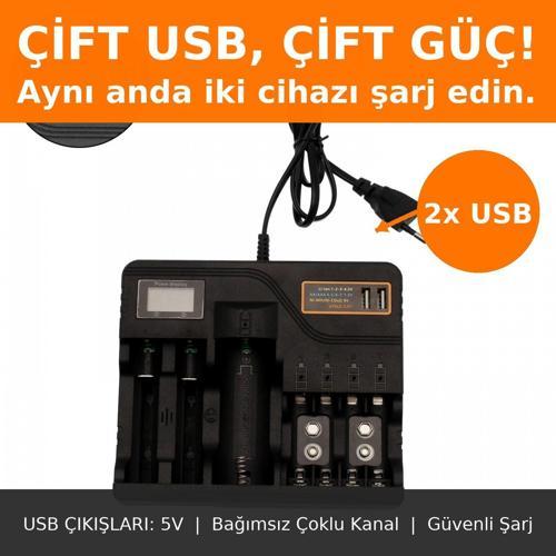  Li-İon Pil  Şarj Cihazı Akıllı LCD Ekran, Hızlı Şarj, Çoklu Pil Desteği (AA/AAA/9V, 18650, 21700, 26650)