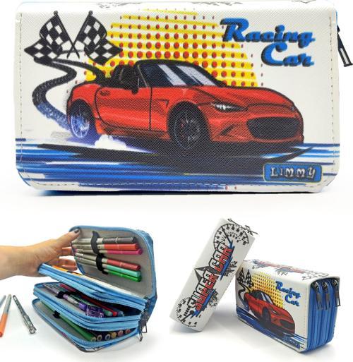 Kalem Kutusu Araba Cars Kawai Organizer Kalemkutu Vegan Deri Üç Bölmeli Kalemlik - Mavi