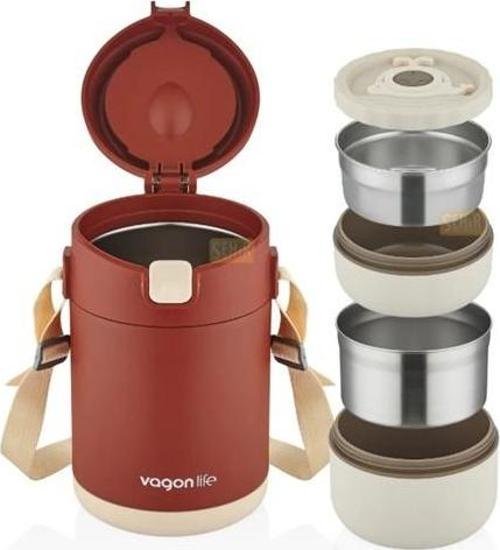 Lunchbox 2 Katlı 4-6 Saat Sıcak/soğuk Termos Çelik Sefer Tası Beslenme Kabı 1800ml Kırmızı