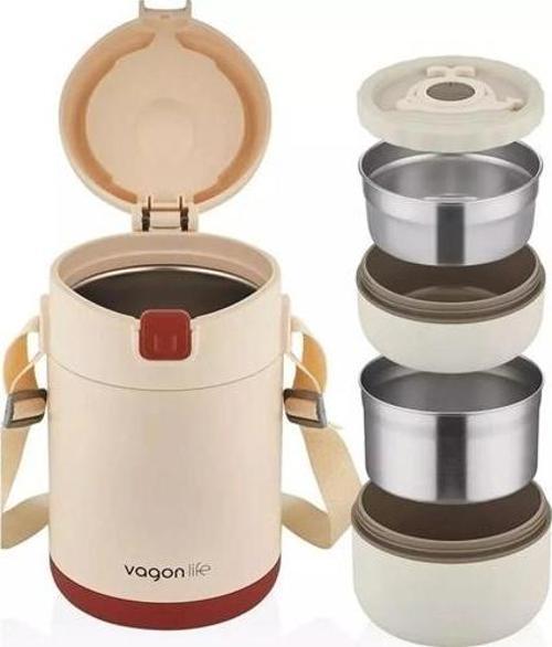 Lunchbox 2 Katlı 4-6 Saat Sıcak/soğuk Termos Çelik Sefer Tası Beslenme Kabı 1800ml Krem