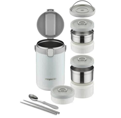 Lunchbox 3 Katlı 4-6 Saat Sıcak/soğuk Termos Çelik Sefer Tası Beslenme Kabı 2100ml Beyaz
