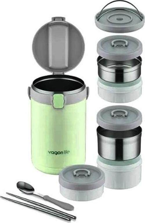 Lunchbox 3 Katlı 4-6 Saat Sıcak/soğuk Termos Çelik Sefer Tası Beslenme Kabı 2100ml Yeşil