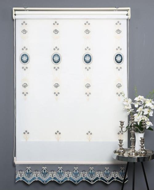 Petrol Çift Mekanizmalı Kadife Yasemin Nakışlı Tül Stor Perde (Dayanıklı Alüminyum Kasa)