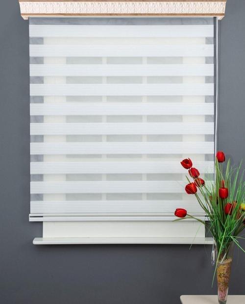 Beyaz Dar Plise Stor Zebra Perde Balkon Perdesi, Oturma Odası Perdesi (Dayanıklı Alüminyum Kasa)