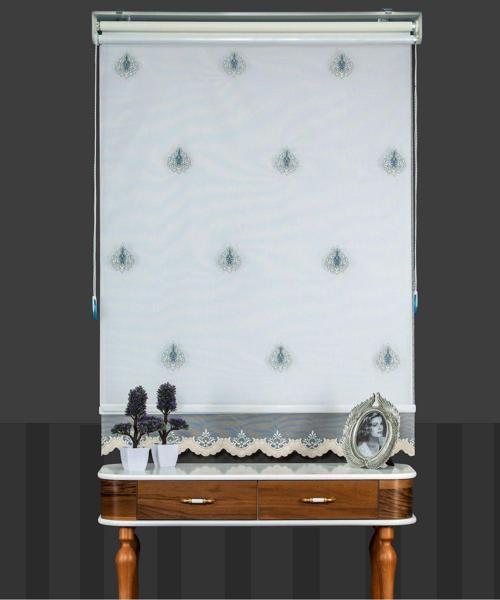 Açık Mavi Çift Mekanizmalı Kadife Sedef Nakışlı Tül Stor Perde (Dayanıklı Alüminyum Kasa)