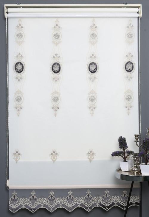 Gri Çift Mekanizmalı Kadife Yasemin Nakışlı Tül Stor Perde (Dayanıklı Alüminyum Kasa)