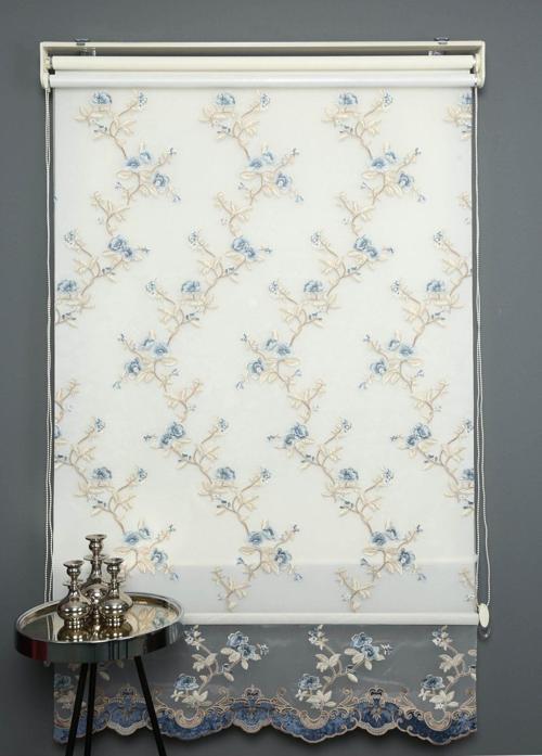 Mavi Çift Mekanizmalı Kadife Sarmaşık Nakışlı Tül Stor Perde (Dayanıklı Alüminyum Kasa)