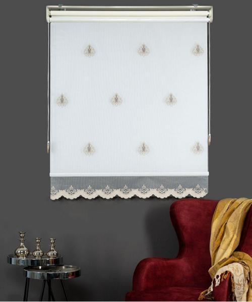 Krem Çift Mekanizmalı Kadife Sedef Nakışlı Tül Stor Perde (Dayanıklı Alüminyum Kasa)