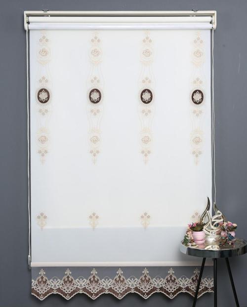 Kahve Çift Mekanizmalı Kadife Yasemin Nakışlı Tül Stor Perde (Dayanıklı Alüminyum Kasa)