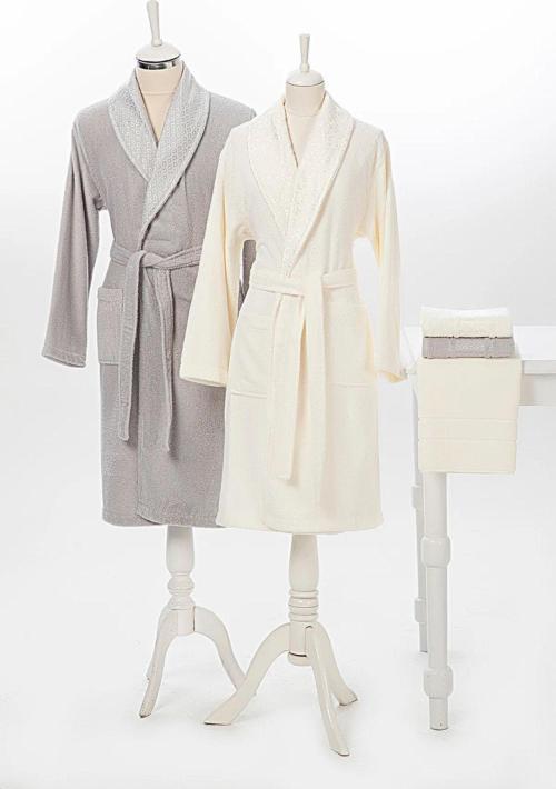 Camellia Gri Krem Aile Bornoz Seti Banyo Paspas 4542