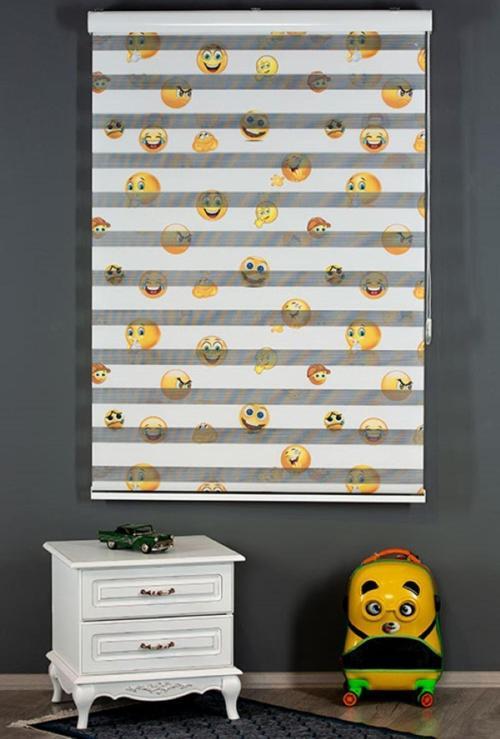 Emoji Baskılı Desenli Stor Zebra Perde , Çocuk Odası Perdesi Ve Mutfak Perdesi