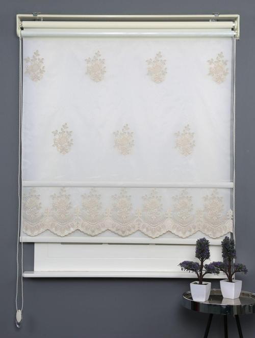 Krem Çift Mekanizmalı Kadife Demet Nakışlı Tül Stor Perde (Dayanıklı Alüminyum Kasa)
