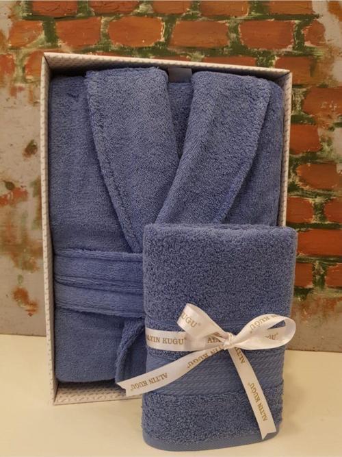 Trendy Şalyaka Bornoz + Baş Havlusu- Koyu Mavi