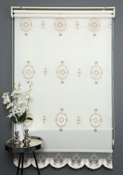 Bej Çift Mekanizmalı Kadife Menekşe Nakışlı Tül Stor Perde (Dayanıklı Alüminyum Kasa)