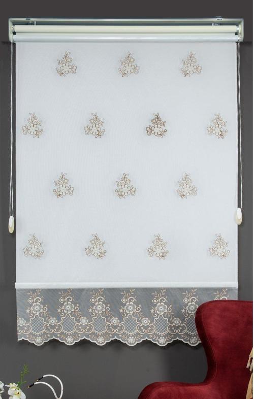 Bej Çift Mekanizmalı Kadife Sedef Nakışlı Tül Stor Perde (Dayanıklı Alüminyum Kasa)