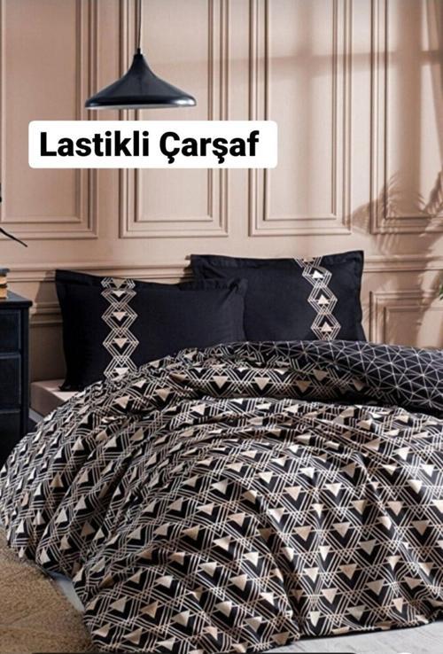 Çift Kişilik Çarşafı Lastikli Nevresim Takımı Ouro Siyah
